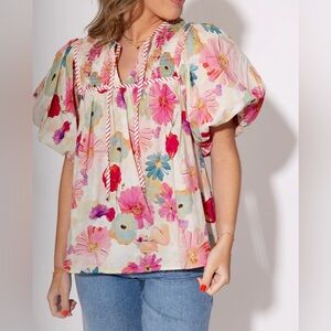 Entro Women's Daisy Floral Print Puff Sleeve Blouse Top Size Large